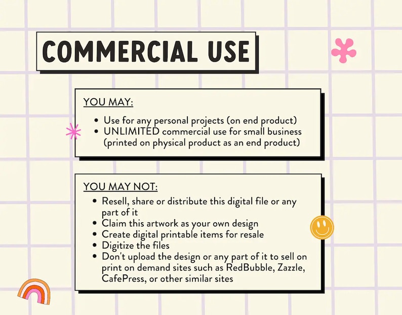 May include: A graphic with a pink background and white grid pattern. The text "COMMERCIAL USE" is in a black box at the top. The text "YOU MAY:" is in a black box with a pink flower icon. The text "YOU MAY NOT:" is in a black box with a yellow smiley face icon. The text lists the commercial use permissions and restrictions for a digital file.