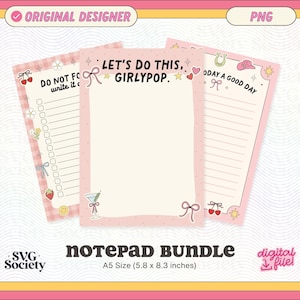 May include: A notepad bundle featuring three pink notepads with decorative borders and illustrations. The notepads have various designs, including a to-do list, lined paper, and a notepad with the text "Let's do this, Girlypop." Each notepad is A5 size, measuring 5.8 x 8.3 inches.