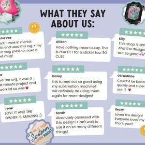 Peut inclure: Un collage d'avis clients pour une boutique vendant des designs num&eacute;riques. Les avis sont positifs et mettent en avant la qualit&eacute; des designs et la facilit&eacute; d'utilisation. Le texte comprend des phrases comme "fantastique", "parfait", "super facile &agrave; utiliser" et "j'adore le design".