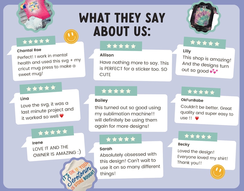 Peut inclure: Un collage d'avis clients pour une boutique vendant des designs num&eacute;riques. Les avis sont positifs et mettent en avant la qualit&eacute; des designs et la facilit&eacute; d'utilisation. Le texte comprend des phrases comme "fantastique", "parfait", "super facile &agrave; utiliser" et "j'adore le design".
