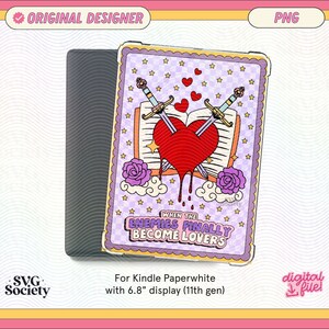 May include: A purple and white digital illustration of two swords crossing through a heart with the text "When the enemies finally become lovers".