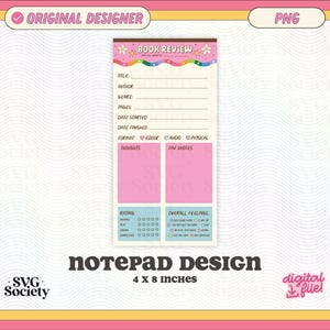 May include: A pink and white notepad design with the text "BOOK REVIEW" at the top. The notepad includes sections for title, author, genre, and more. The notepad measures 4 x 8 inches.