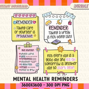 Mental Health Reminder Notes PNG Bundle: Self-Care Affirmations (Digital Download)