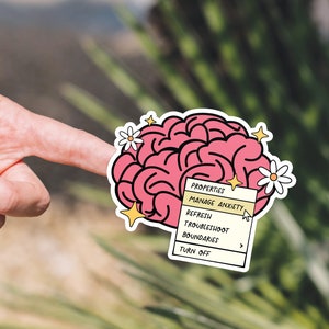 May include: A pink brain with a white outline and yellow stars. The brain has a white menu with the text "Properties: Manage Anxiety" and options to "Refresh", "Troubleshoot", "Boundaries", and "Turn Off".