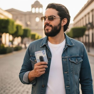 May include: A denim jacket with a white t-shirt underneath. The person is holding a black money clip with a stack of bills. The background shows a city street with buildings and trees.