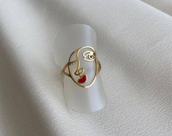 Face ring - stainless steel ring - golden face with red lipstick - adjustable ring - gift for women and girls - birthday gift idea