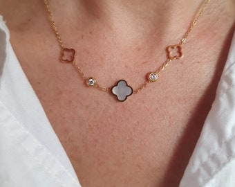 Collier trèfle - collier en acier inoxydable - collier doré/noir ou doré/nacre - Idée cadeau femme - Cadeau d'anniversaire - Cadeau Noël