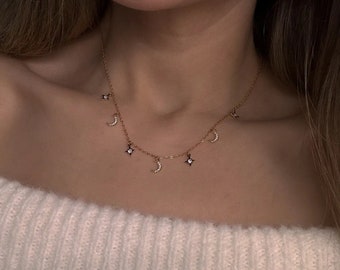 Collier pendentif lune et étoile - Collier en acier inoxydable - Idée cadeau de Noël - Cadeau femme - Cadeau d'anniversaire - Lune - Étoile