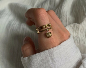 Bague 2 rangs soleil dorée ou argentée - bague en acier inoxydable - Bague réglable - idée cadeau femme  - cadeau Noël - cadeau anniversaire