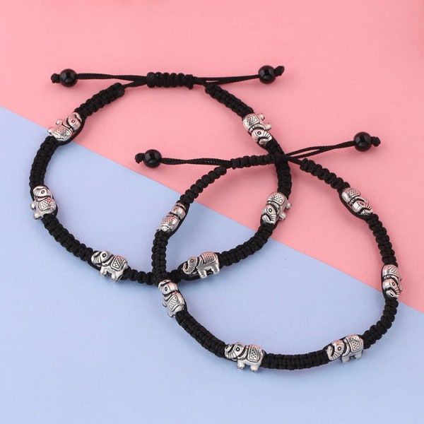 Bracelets de cheville éléphant en argent oxydé faits à la main réglables avec breloque Boho sur fil tressé noir, bracelets de cheville traditionnels indiens faits à la main pour femmes