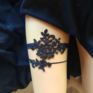 Black Wedding Garter Set, Black Flower Lace Garter Set, Keepsake Garter, Black Elastic Garter, Leg Garter, Black Bridal Garter set, Gothic