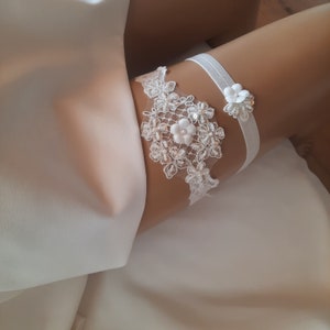 Duty Free Light Ivory Wedding Garter Set: 3D Flower Pearl Lace Bridal Jewelry
