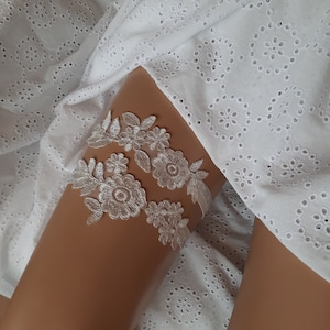 Duty Free Wedding Garter Light Ivory Silver Frame, Bridal Garter Set, Wedding Garter Belt; Bride To-be Lingerie, Lace Garter Set Bridal