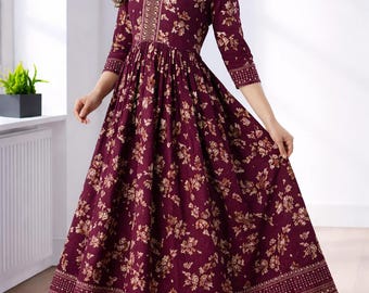 Maroon Floral Anarkali Kurta | Rayon Indian Dress