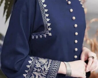 Marineblauwe Kurta Palazzo-set, zilveren geborduurde etnische kleding