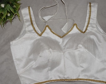 White Silk Saree Blouse | Golden Lace, V Neck, Padded Choli