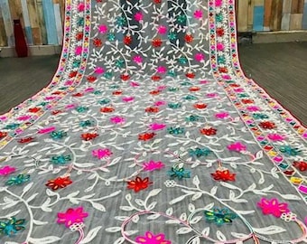 Embroidered Phulkari Net Dupatta for Women | Jaipuri Rajasthani Style | Heavy Wedding & Festive Wear Dupatta