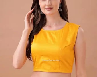 Yellow Cotton Sleeveless Saree Blouse | Boat Neck Crop Top