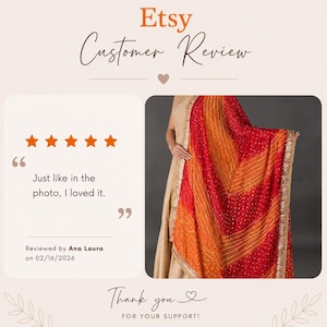 May include: Etsy customer review image featuring a red and orange patterned scarf with gold trim. The text reads "Just like in the photo, I loved it." and "Thank you for your support!"