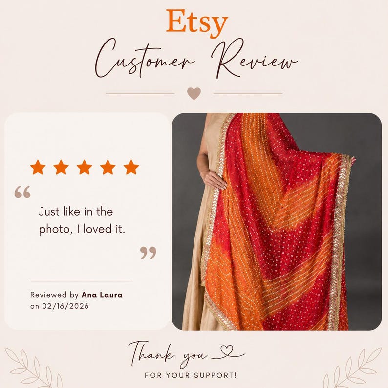 May include: Etsy customer review image featuring a red and orange patterned scarf with gold trim. The text reads "Just like in the photo, I loved it." and "Thank you for your support!"