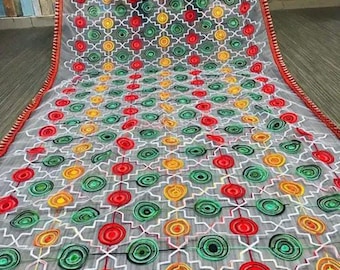 Net dupatta adorned with intricate Phulkari embroidery, captures the essence of Rajasthani Jaipuri craftsmanship.