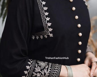 Embroidered Black Rayon Kurta Palazzo Set, Elegant Ethnic Wear