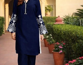 Set Kurta in cotone ricamato / Kurti Anarkali Bollywood con Dupatta