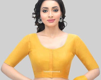 Handmade Yellow Cotton Saree Blouse, Princess Cut Choli Blouse, plain sari blouse, Bollywood Saree Blouse
