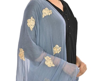 Golden Embroidered Chiffon Dupatta | Jaalar Lace Trim Ethnic Scarf | Lightweight Party Wear
