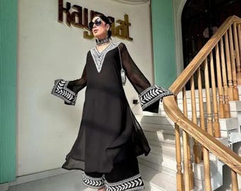 Conjunto de kurta palazzo de georgette negra con bordado de hilo blanco, ropa étnica