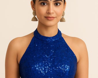 Halter Neck Sequin Blouse | Party Crop Top