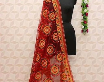 Handmade Phulkari Net Dupatta – Traditional Indian Embroidery, 2.2m