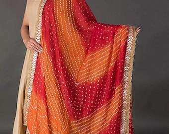 Hand-Dyed Silk Bandhani Dupatta, Gota Work, Latkan, Rajasthani