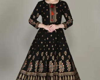 Zwarte Anarkali Kurti-jurk, etnische Indiase jurk met bloemen, feestelijke kleding voor vrouwen, lang uitlopende Kurta, outfit bruiloftsgast