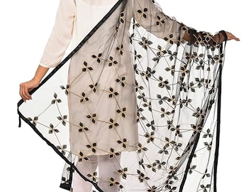 Black Net Dupatta, Golden Floral Embroidery, Festive Wedding Shawl