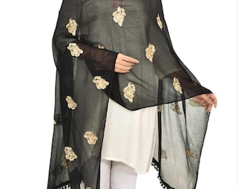 Black Chiffon Dupatta with Golden Floral Embroidery | Pom Pom Lace | Indian Ethnic Scarf