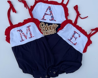 4th of July Bubble Romper – Personalized Baby Initial – Floral Embroidery Monogram – Patriotic Baby Girl Outfit, 4th, monogrammed bubble