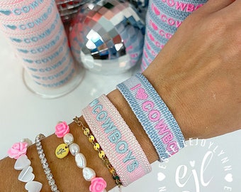 I LOVE COWBOYS Embroidered Friendship Bracelet: Adjustable Tassel Bracelet