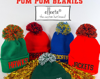 15 School Spirit Custom Embroidered Pom Pom Beanie Knit Hat (Bulk Order includes 15 hats) Personalized Embroidered Team Name Pom Pom Beanie
