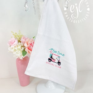Embroidered Golf Towel: Pink Golf Cart, Tee Time Social Club