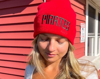 School Spirit Custom Embroidered Pom Pom Beanie Knit Hat / Personalized Embroidered Team Name Pom Pom Beanie