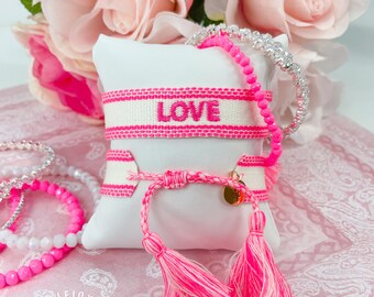 LOVE Embroidered Friendship Bracelet: Pink Tassel Woven Bracelet