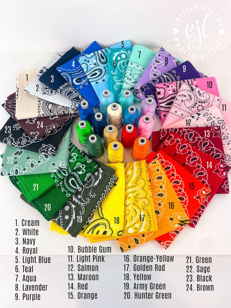 Puede incluir: Una colecci&oacute;n de veinticuatro pa&ntilde;uelos de tela plegados en varios colores, numerados del 1 al 24, dispuestos en un patr&oacute;n de abanico circular. En el centro, hay varios carretes de hilo de coser a juego. Se incluye una lista de los colores.