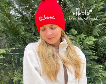 School Spirit Custom Embroidered Pom Pom Beanie Knit Hat / Vintage Chain Stitch Embroidery/Personalized Embroidered Team Name Pom Knit Hat