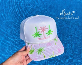 Embroidered Palm Tree Trucker Hat with Pink and Lime Green Custom Beach Town Embroidery