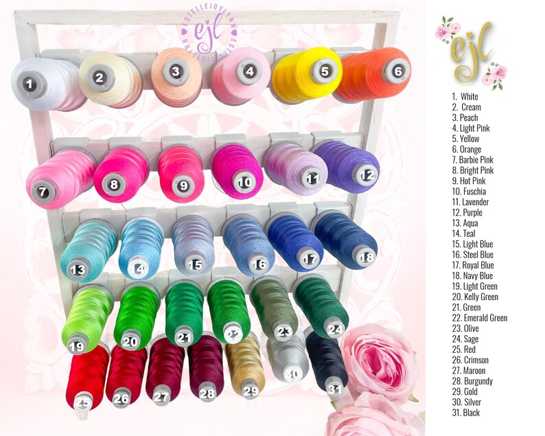 May include: A white rack with 31 spools of thread in various colors. The spools are numbered 1 through 31 and each color is labeled with a corresponding number and name. The colors include white, cream, peach, light pink, yellow, orange, barbie pink, bright pink, hot pink, fuchsia, lavender, purple, aqua, teal, light blue, steel blue, royal blue, navy blue, light green, kelly green, green, emerald green, olive, sage, red, crimson, maroon, burgundy, gold, silver, and black.