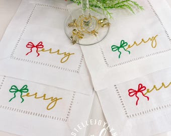 Embroidered Christmas Cocktail Napkins and Coquette Bow Charms for Glasses / Includes Set of 4 / Hostess Gift