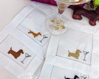 Dachshund Martini Linen Cocktail Napkins, embroidered Set of 4 includes 4 wine martini glass charms