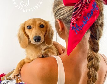 Custom Embroidered Bandana Bow for your Hair/Ponytail / Vintage Chain Stitch, School Spirit
