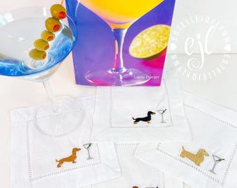 Embroidered Dachshund Martini Linen Cocktail Napkins, Set of 4